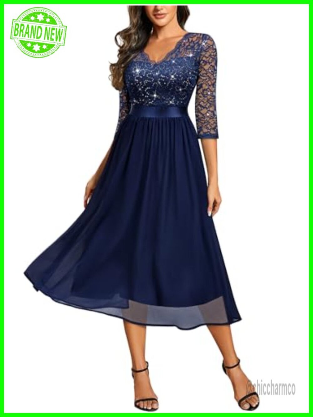 Women's V-Neck Sequin Lace 3/4 Sleeve A-line Midi Dress